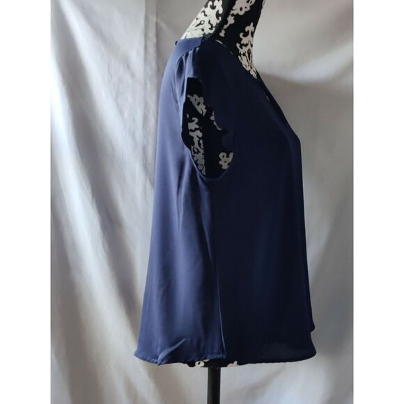 E&M Womens Chiffon Ruffle Short Sleeve Pullover Top Blouse‎ Navy Blue Size M - Picture 2 of 9